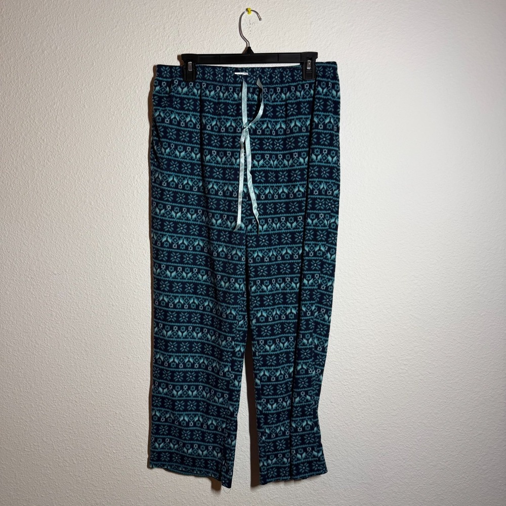 Pajama Fleece Pants Womens 33W Blue Teal Fair Isle Print Drawstring Waist xL